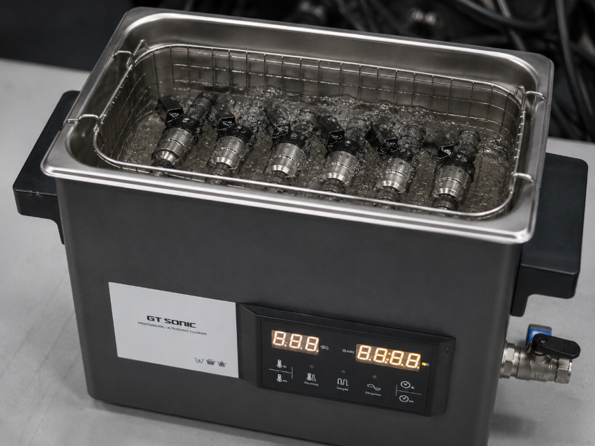 Fuel injectors being cleaned in an ultrasonic cleaner basket