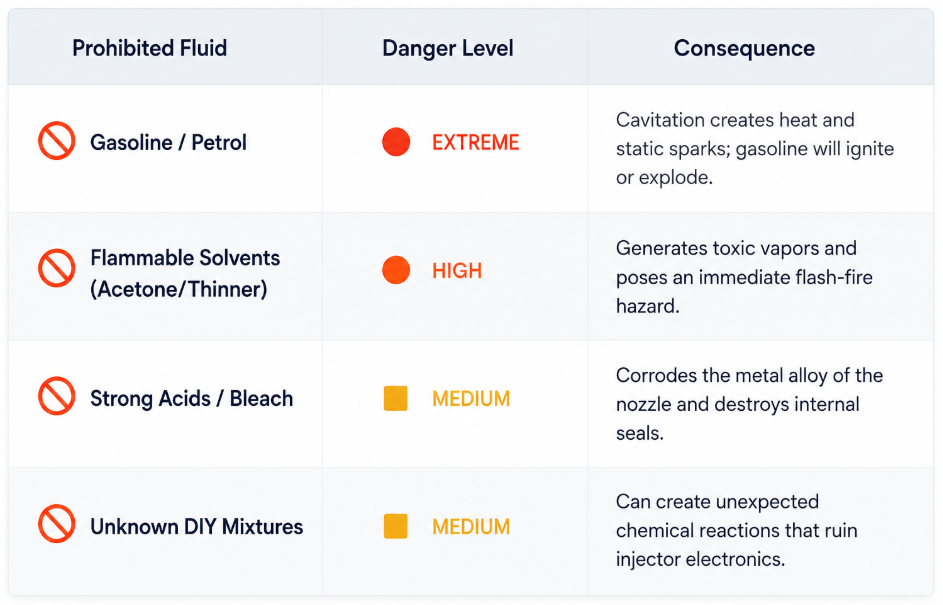 Prohibited fluids for ultrasonic fuel injector cleaning