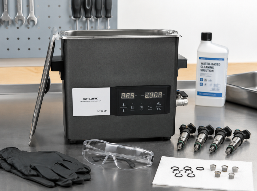 Home setup for cleaning fuel injectors with an ultrasonic cleaner