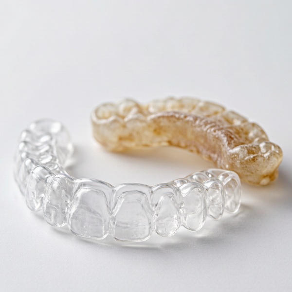 Cloudy retainer next to a clean retainer showing buildup difference