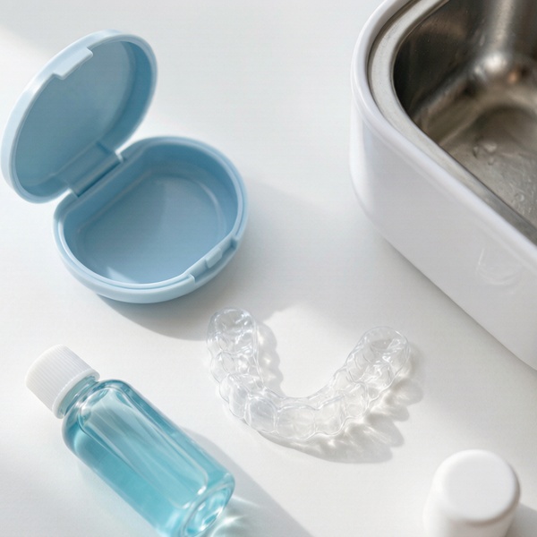 Retainer care essentials including case and cleaning solution