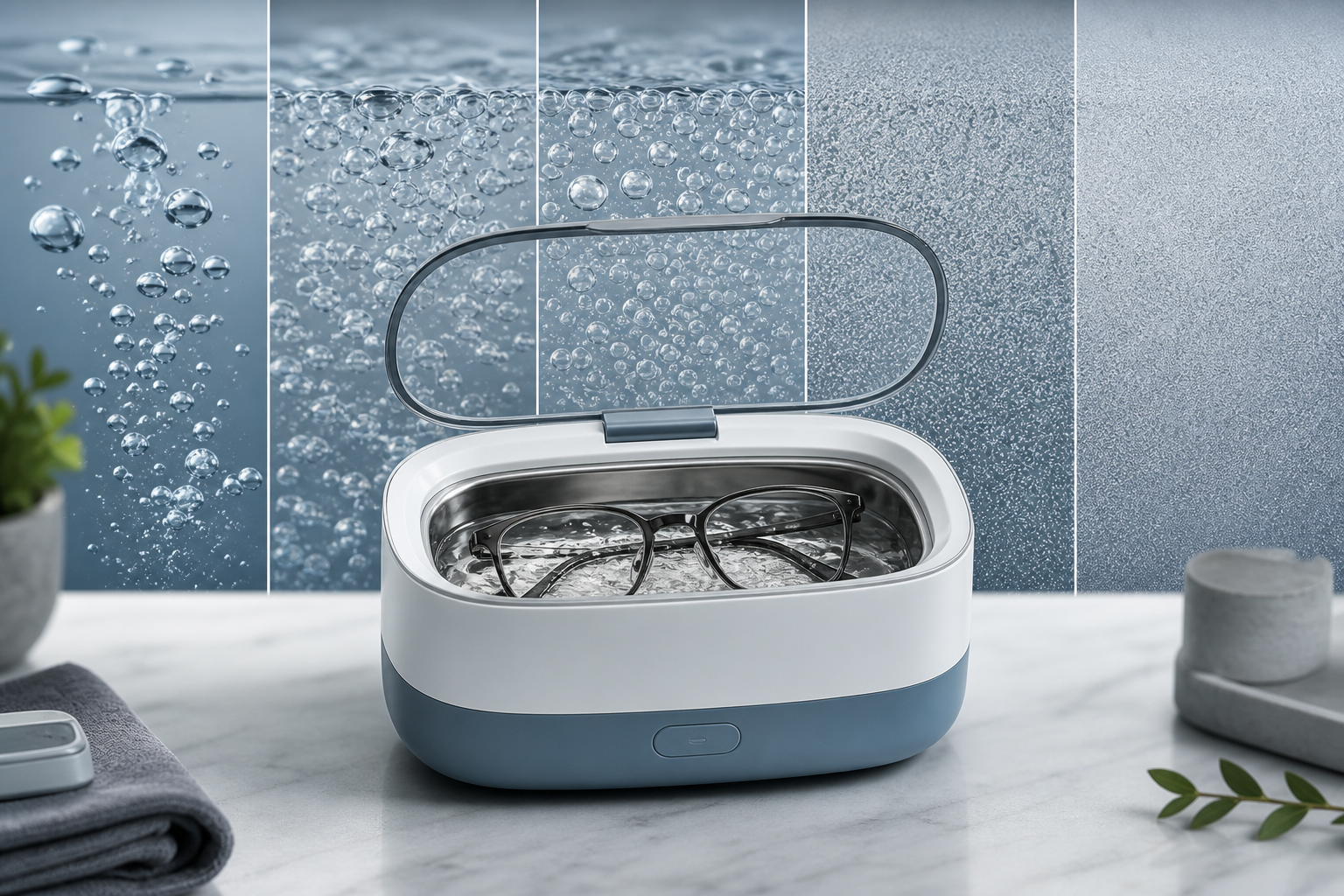 Comparison of cavitation bubble sizes in an ultrasonic cleaner for glasses
