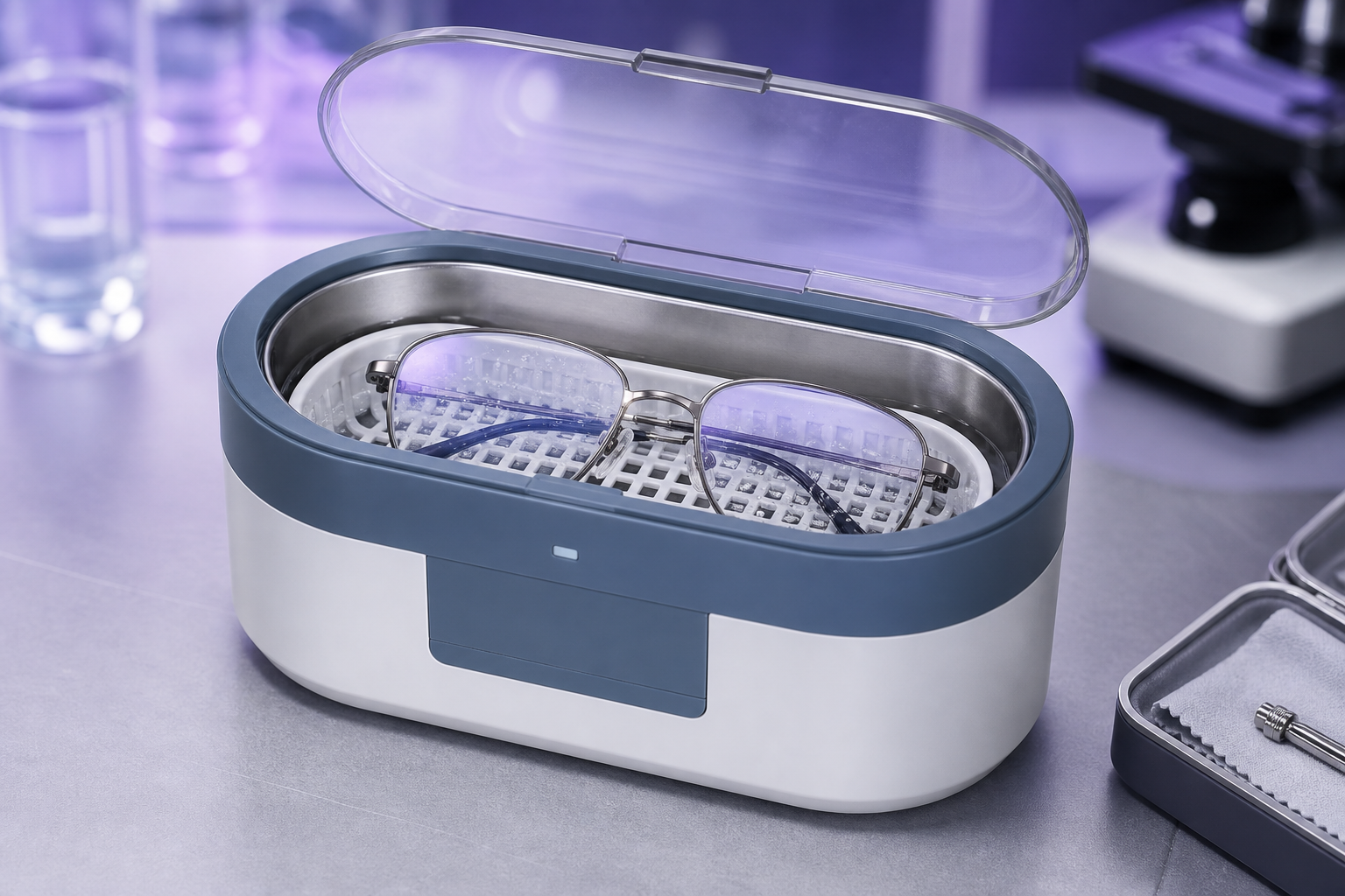 48kHz electronic eyeglass cleaner with coated glasses supported in a basket