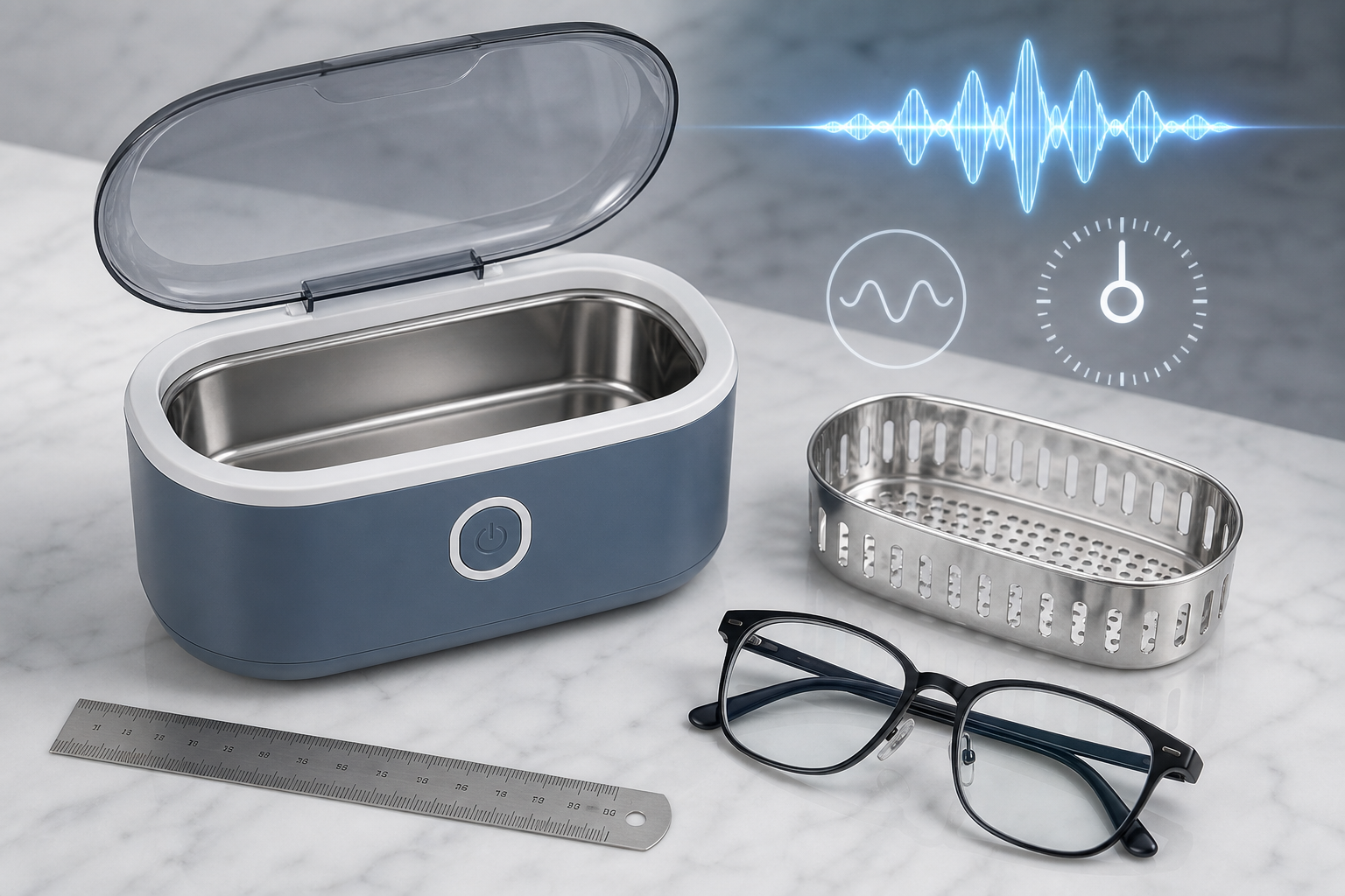 Ultrasonic glasses cleaner with basket, tank, timer and power specification concept