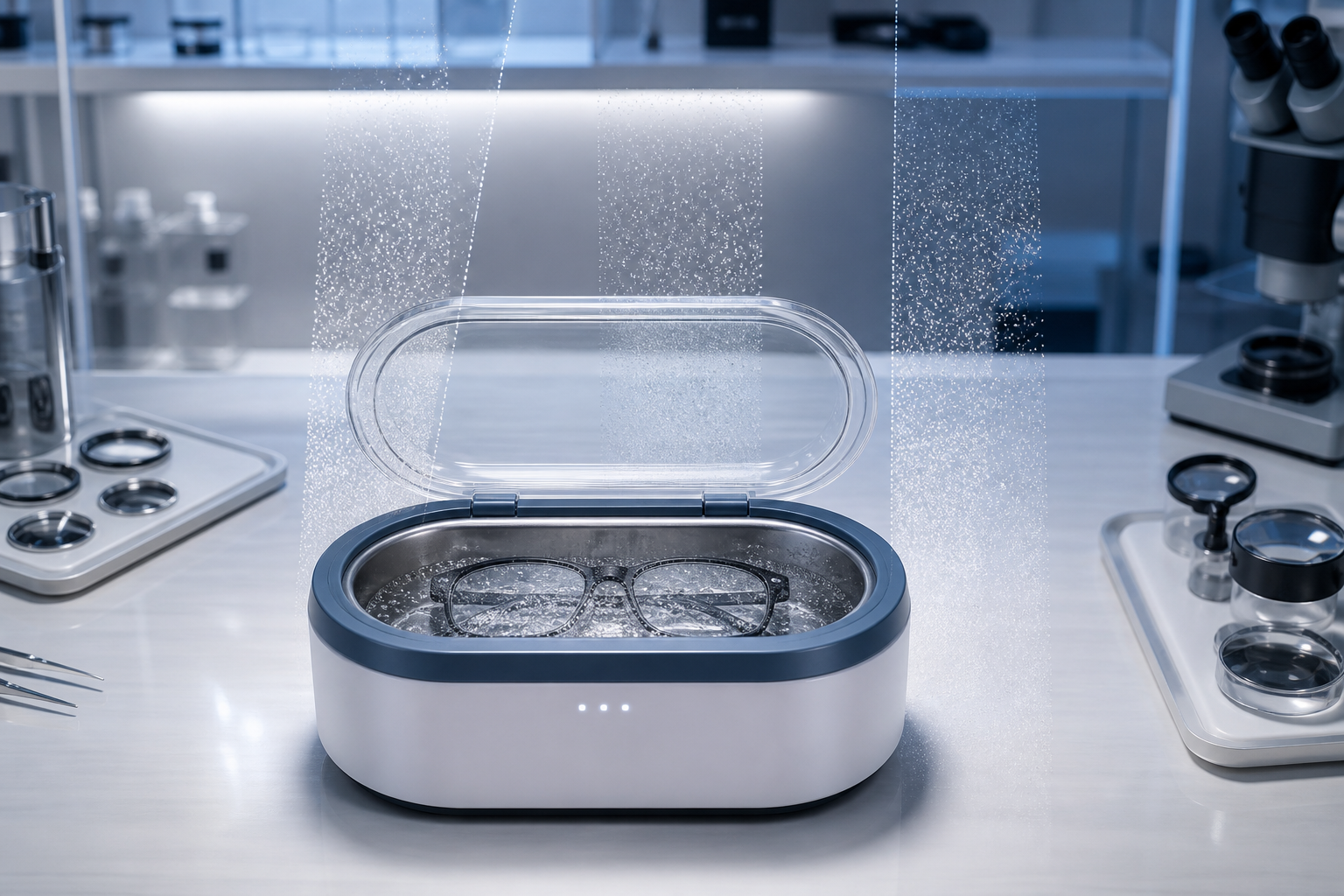 Ultrasonic eyeglass cleaner producing cavitation for lens and frame cleaning