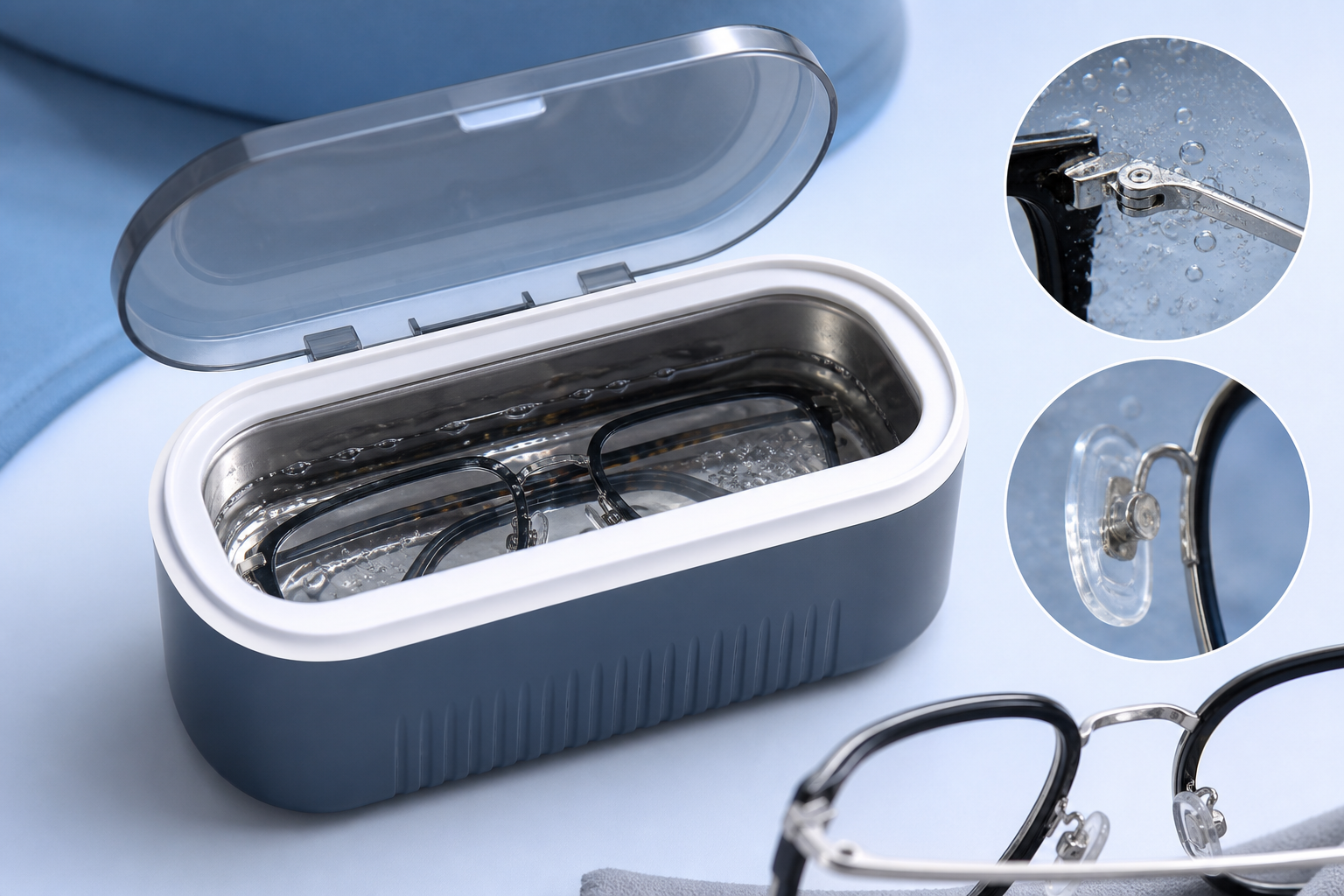 40kHz ultrasonic cleaner removing residue from eyeglass hinges and nose pads