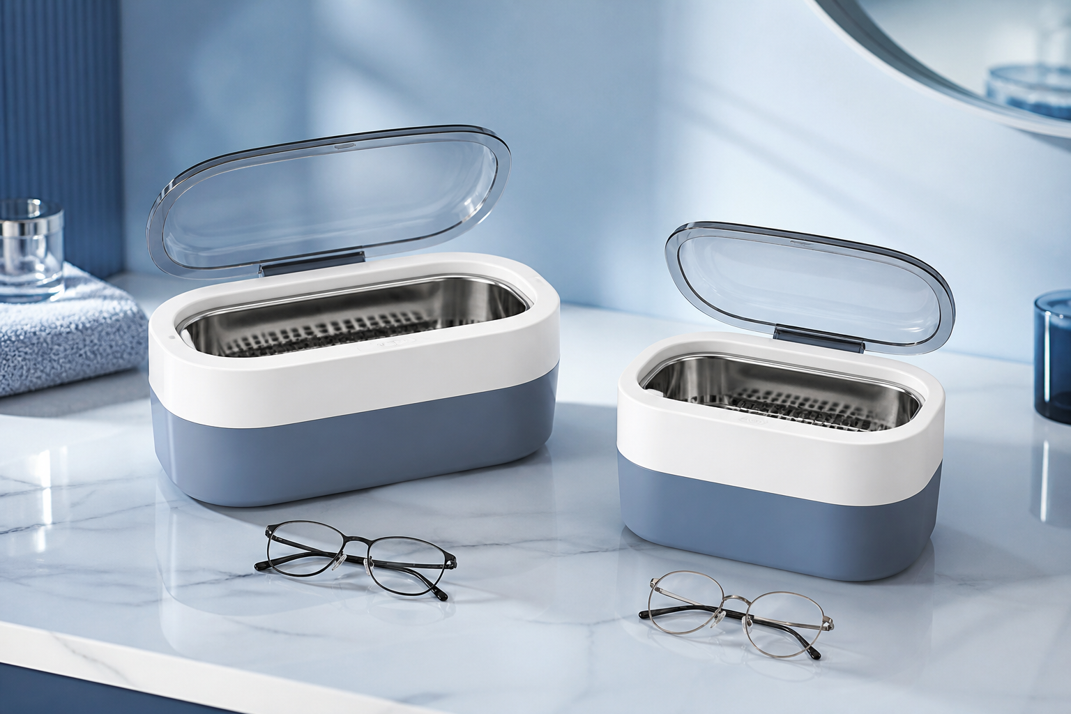 Compact ultrasonic eyeglass cleaner models for home and optical shop use