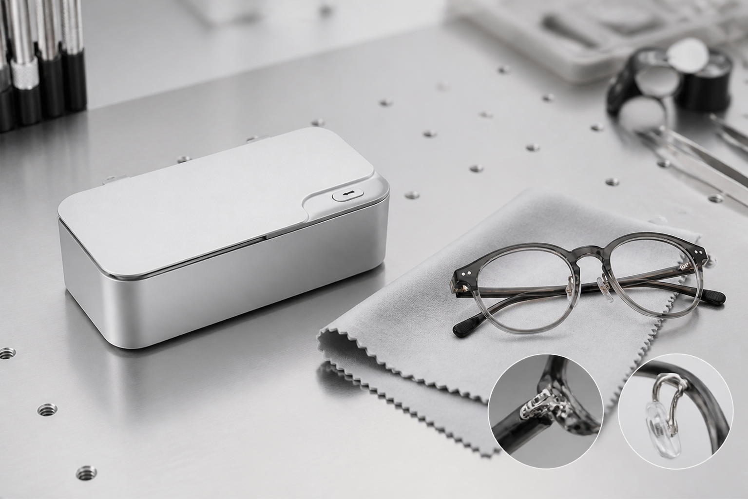 Silver ultrasonic glasses cleaner with microfiber cloth and close views of eyeglass hinges and nose pads