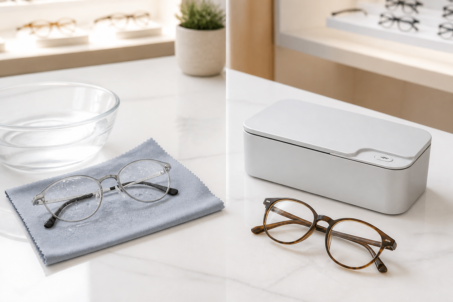 Two-level eyeglass care routine using rinsing, microfiber cloth and an ultrasonic cleaner