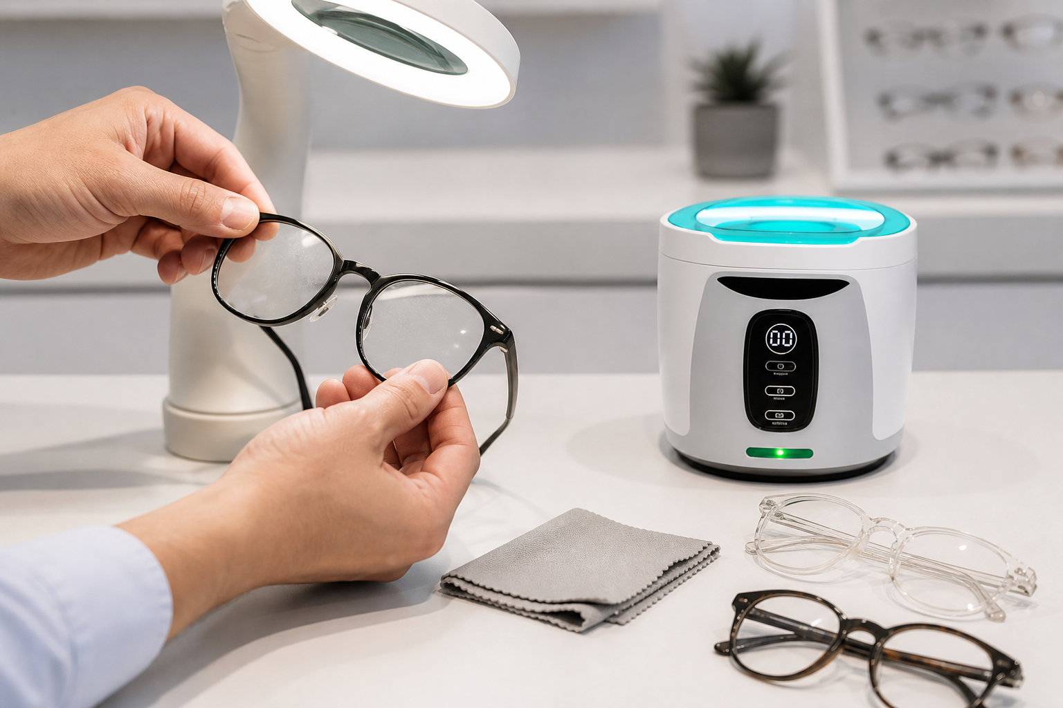 Ultrasonic eyeglass cleaner beside inspected frames and a clean microfiber cloth
