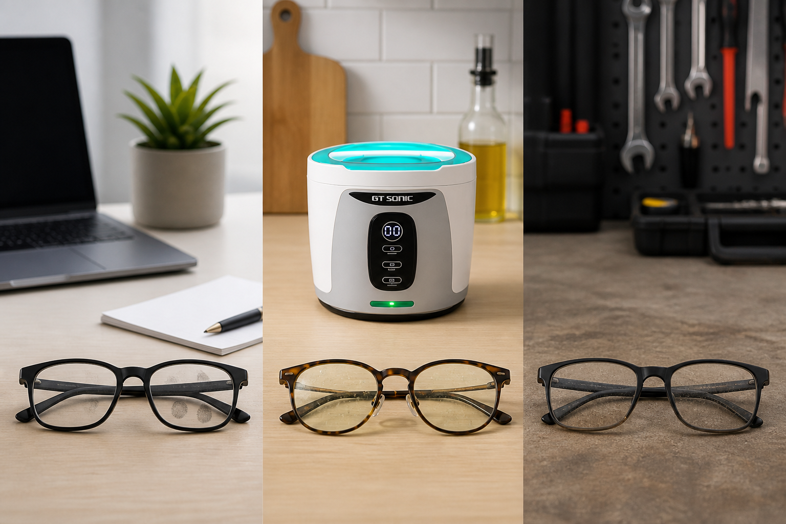 Eyeglasses with light fingerprints, cooking film and workshop dust beside an ultrasonic cleaner