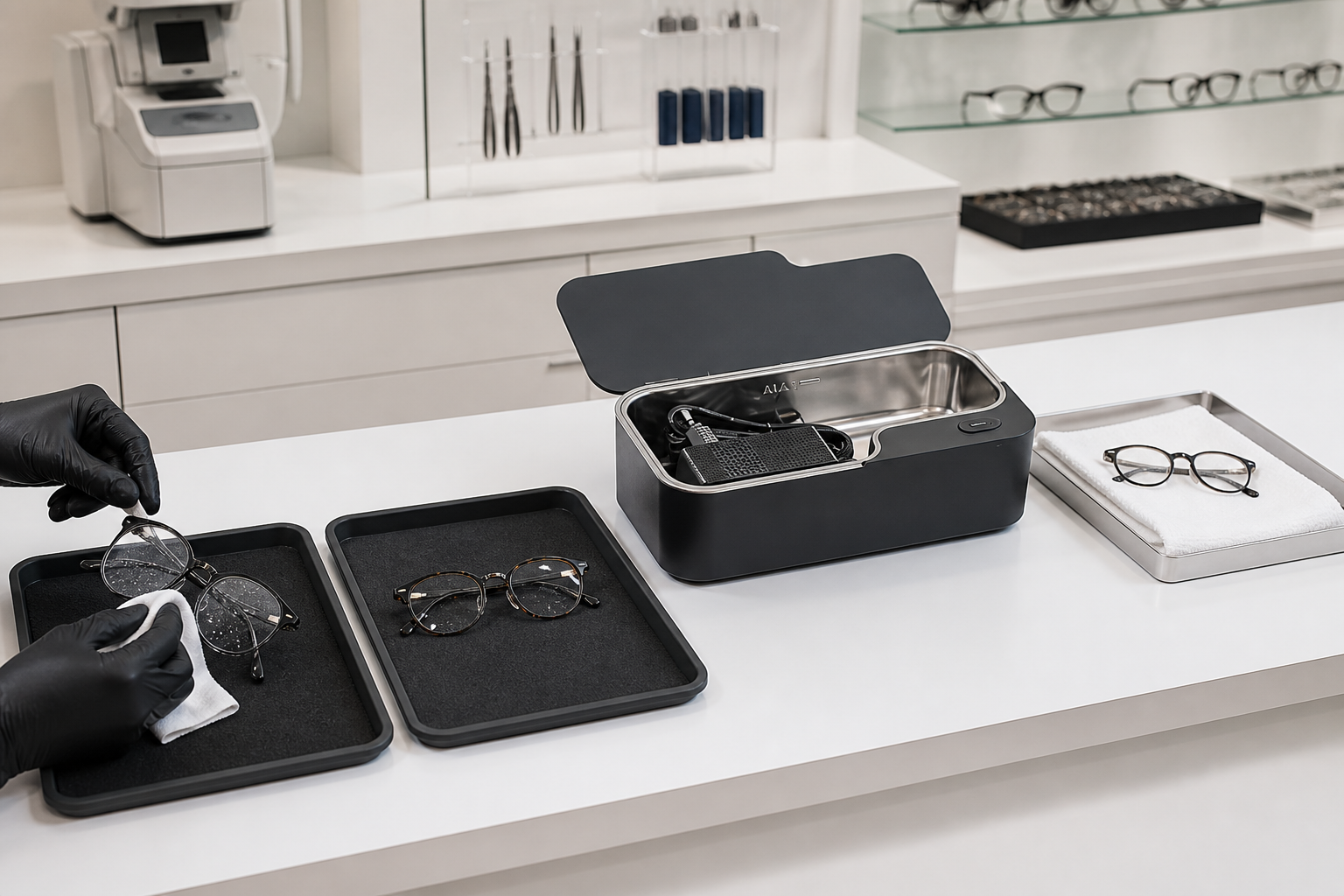 Black rectangular ultrasonic cleaner in an optical shop clean-to-dirty eyewear workflow