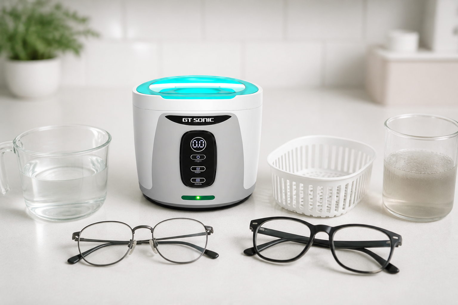 Round turquoise-lid ultrasonic eyeglass cleaner with fresh liquid, basket and test eyewear