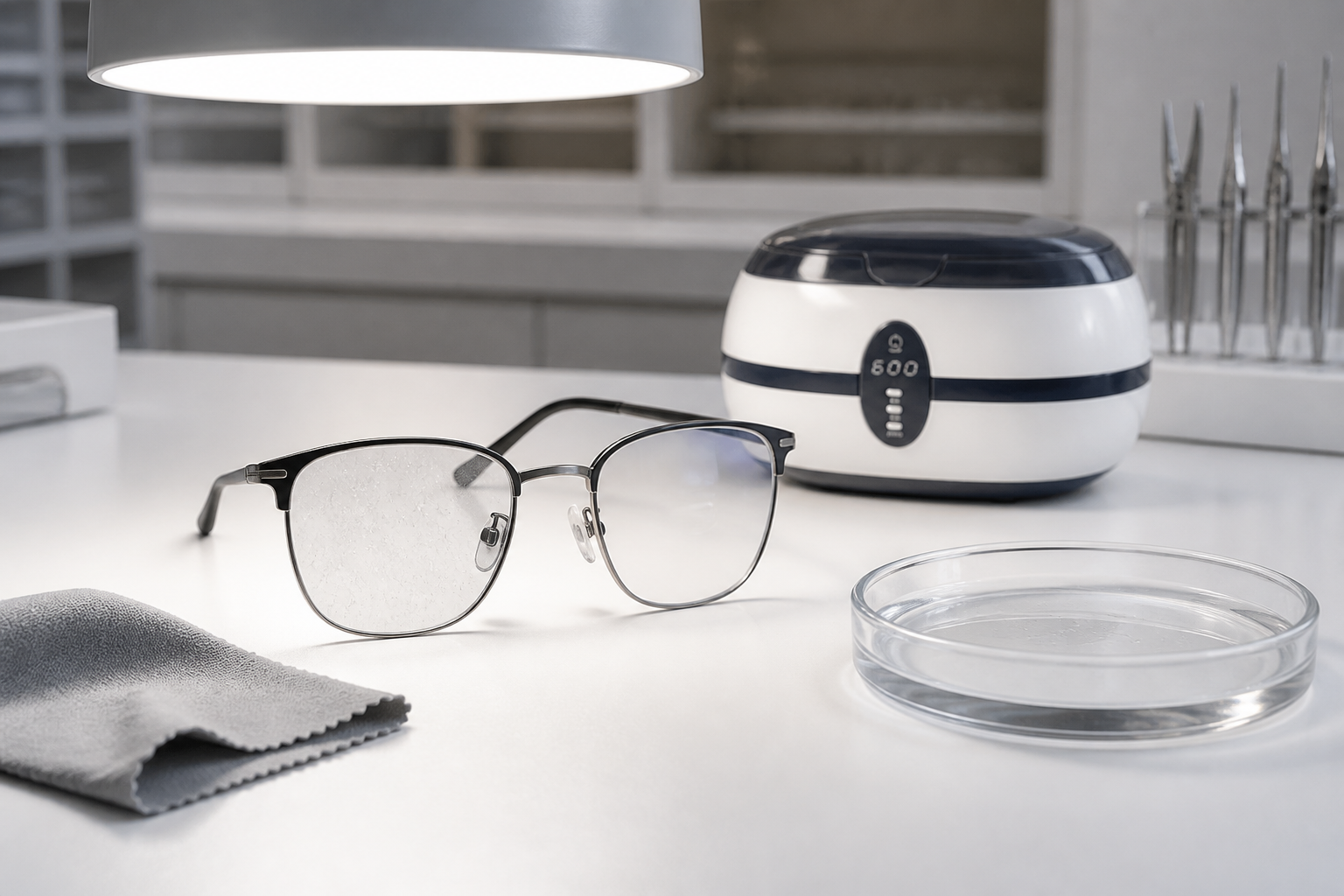 Oval ultrasonic eyeglass cleaner beside lenses being checked for removable residue and coating haze