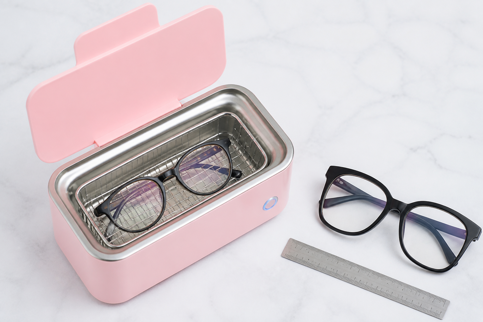 Pink compact ultrasonic cleaner with eyeglasses positioned safely in a fitted basket
