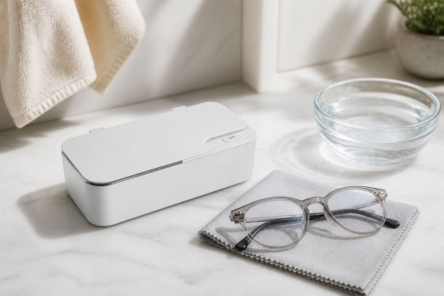 Silver rectangular ultrasonic cleaner with rinsed glasses on a clean microfiber cloth