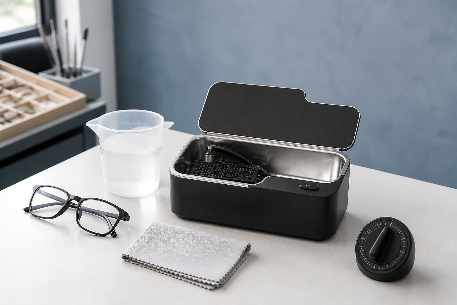 Black rectangular ultrasonic cleaner with measured water, eyeglasses and preparation tools