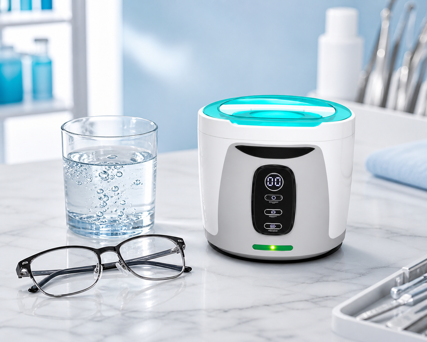 Round turquoise-lid ultrasonic eyeglass cleaner beside water releasing dissolved air bubbles