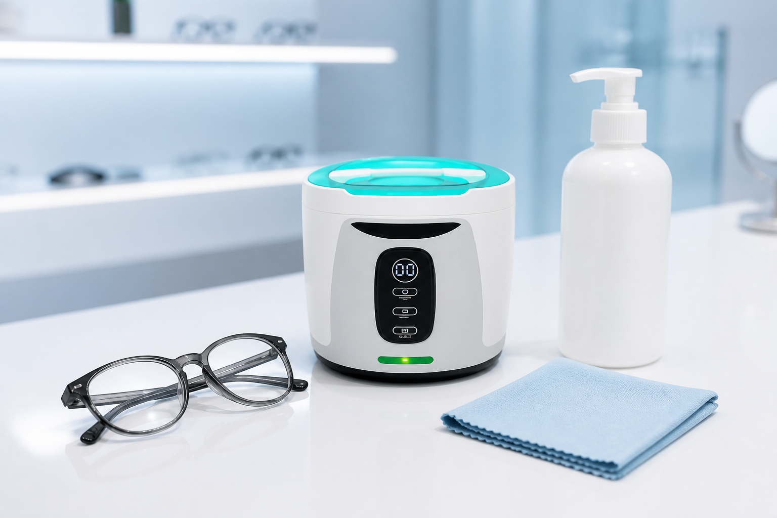 Round turquoise-lid ultrasonic cleaner beside separate eyewear hygiene supplies
