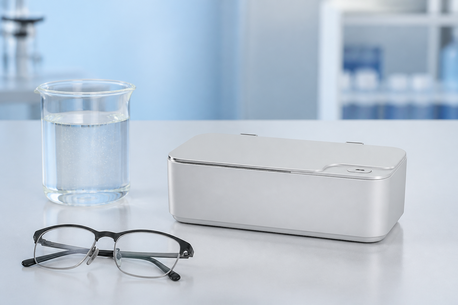 Silver rectangular ultrasonic cleaner beside eyeglasses and water releasing dissolved air