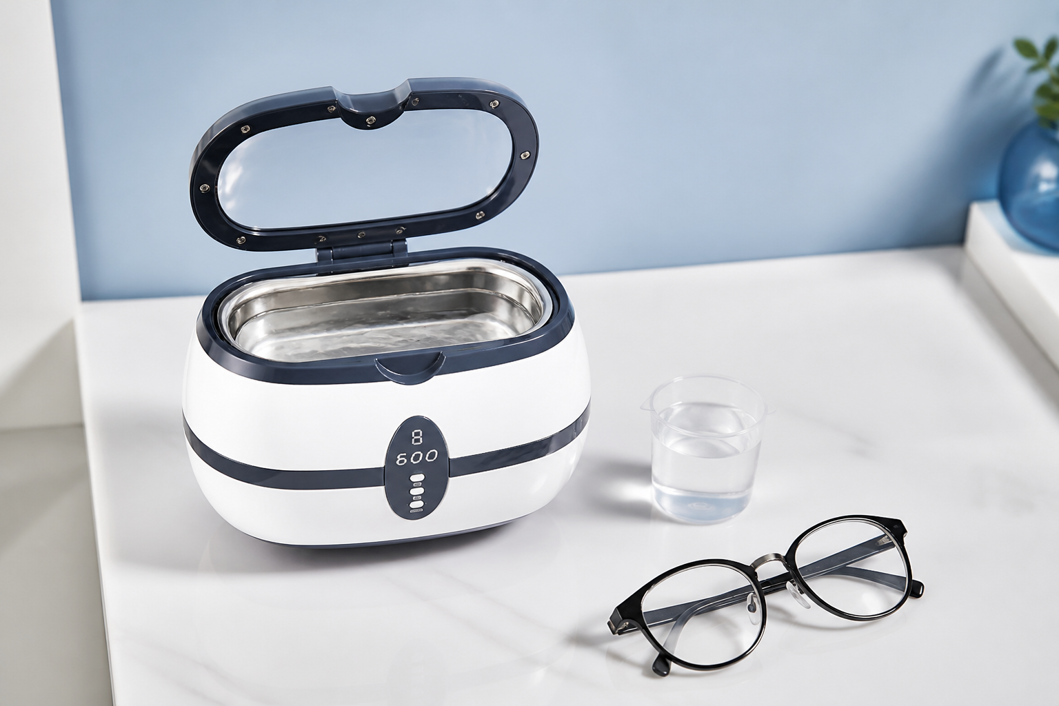 Open oval digital ultrasonic spectacle cleaner prepared with water before loading glasses