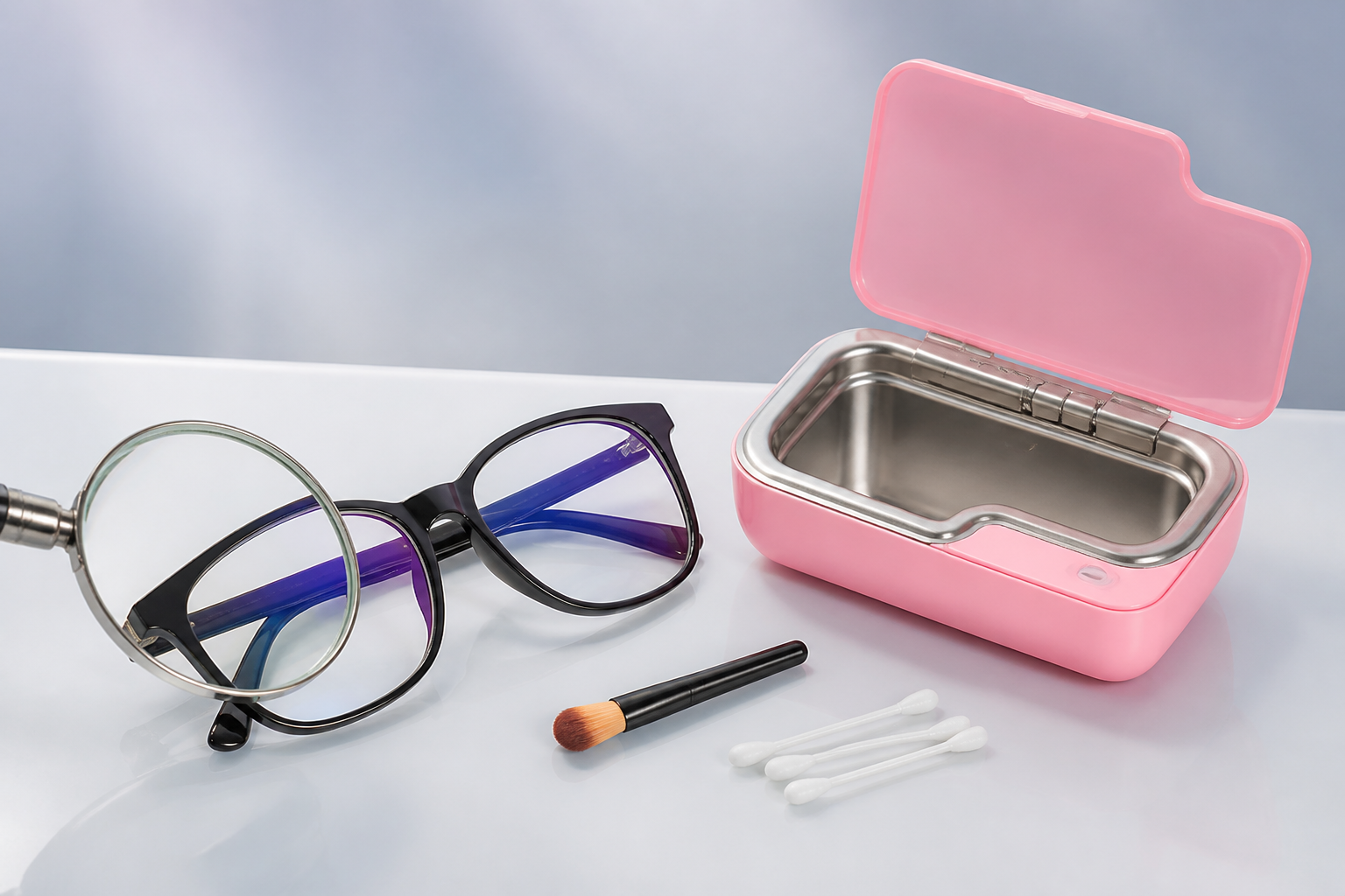 Coated eyeglass lenses being examined beside a compact ultrasonic cleaner