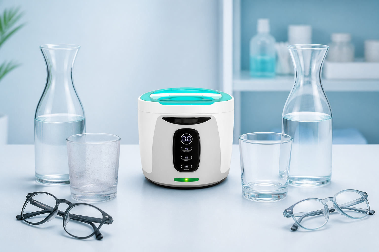 Ultrasonic cleaner for glasses beside separate tap and low-mineral water containers