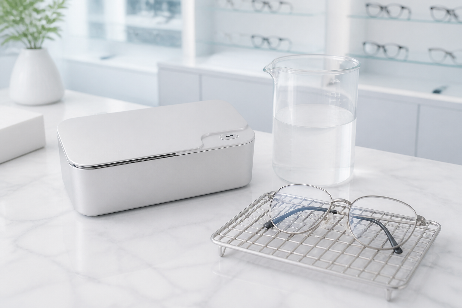 Ultrasonic eyeglass cleaner with a measured low-mineral final rinse for clear lenses