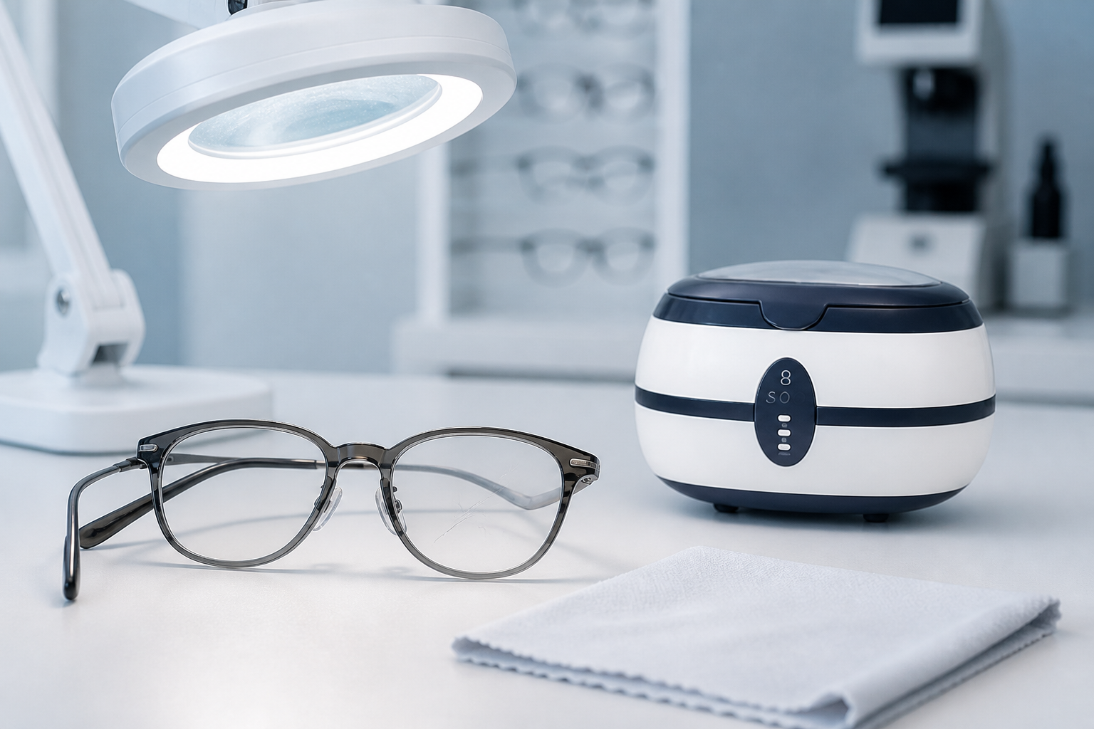 Ultrasonic eyeglass cleaner beside lenses inspected for residue and true scratches