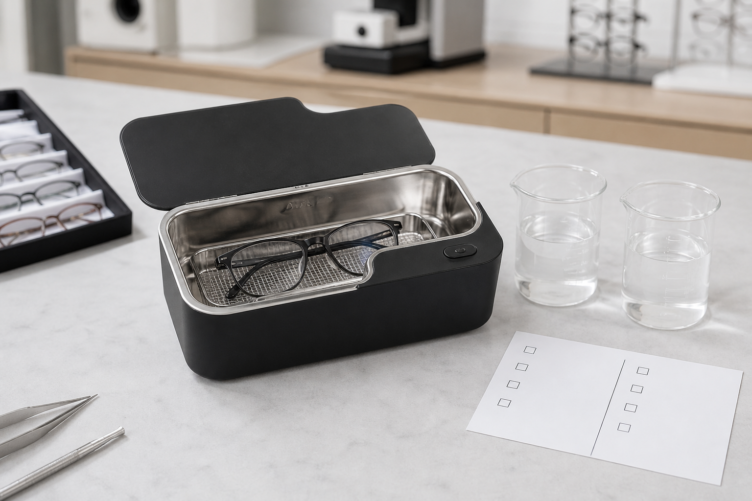 Ultrasonic spectacle cleaner used in a controlled tap versus distilled water comparison