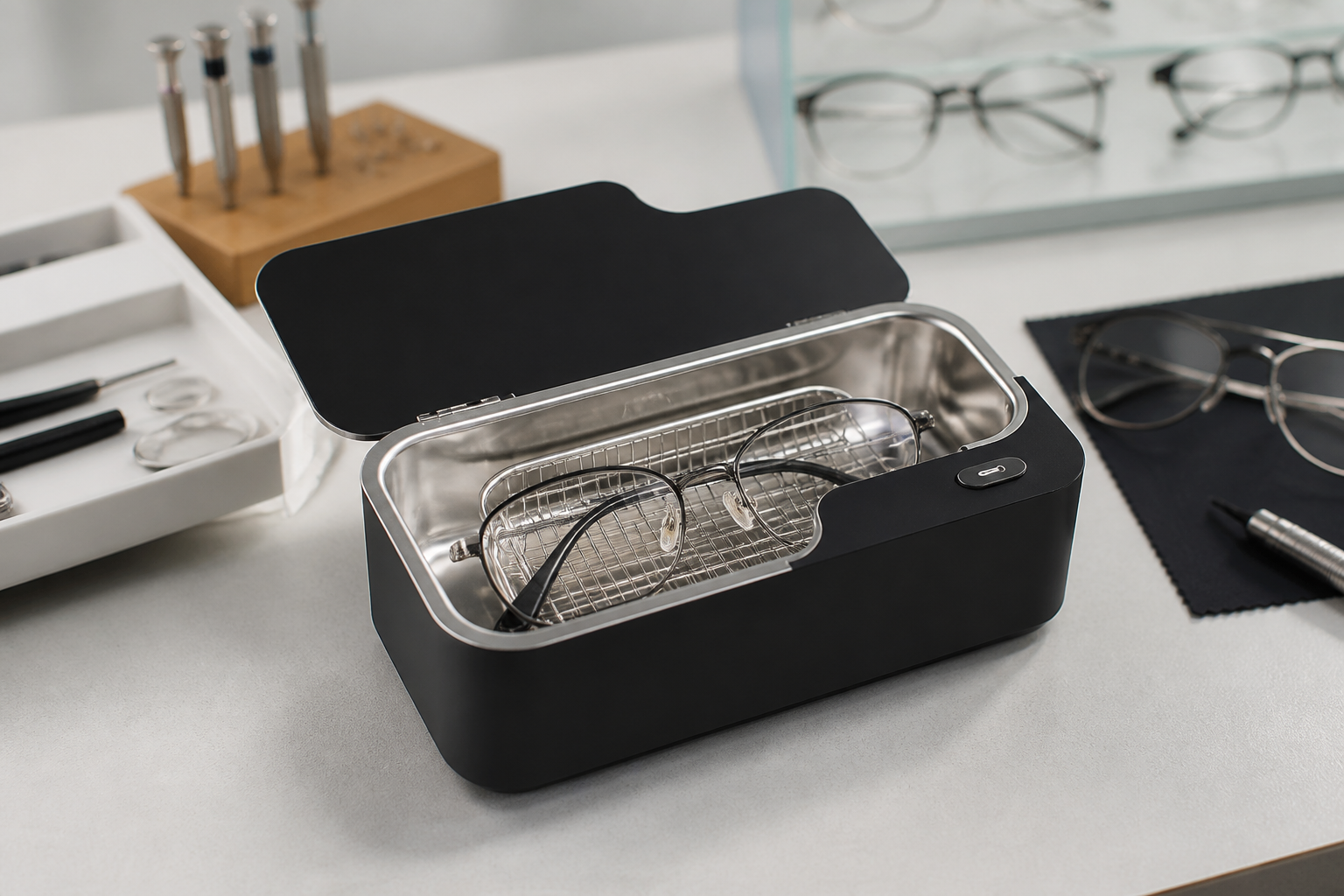 Ultrasonic spectacle cleaner targeting dirt around eyeglass hinges and nose pads