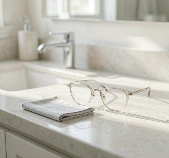 Clean eyeglasses and microfiber cloth on a bathroom counter