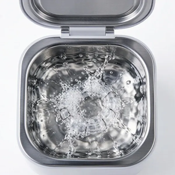 Dental retainer submerged in ultrasonic cleaner tank with bubbles